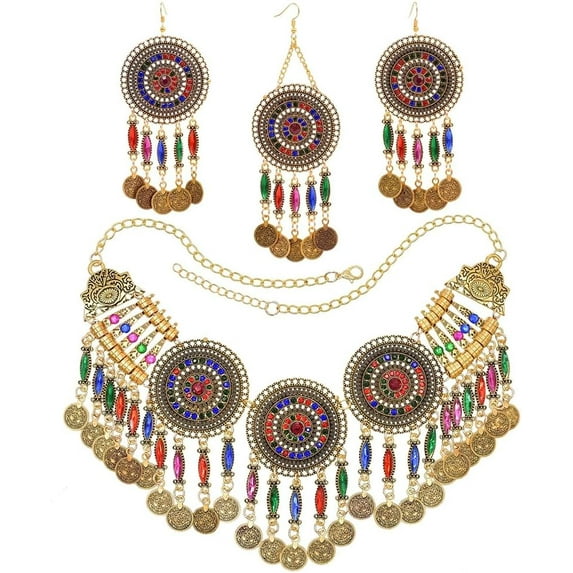 Indian Traditional Jewellery Set Maang Tikka Bohemian Headpiece Necklace Earring Colorful Crystal Tassel Coin Bollywood Jhumka Choker Dangle Ethnic Wedding Party Jewelry for Women Bridal Accessories