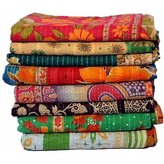 Nilehari Handicrafts Vintage Kantha Quilt, Kantha Throw Blanket, Cotton, Twin Size, All Seasons, 5 Count