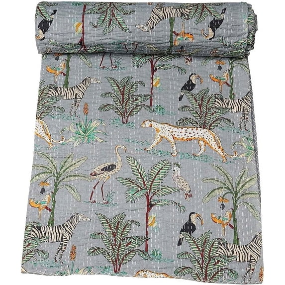 Indian Traditional Pure Cotton Jungle Print Kantha Quilt, Bed Cover Throw Animal Printed Kantha Quilts Multi Color