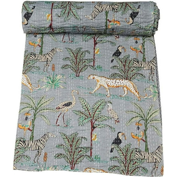 Indian Traditional Pure Cotton Jungle Print Kantha Quilt, Bed Cover Throw Animal Printed Kantha Quilts Multi Color