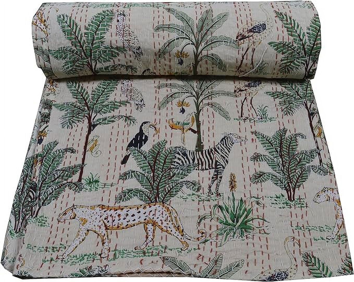 Sambhav Quilt Hub Handblock Jungle Aap Print Handgemaakte Katoen Kantha Quilting Gooi Deken Hippie Queen/King Size Bohemian Block Kantha Quilt (wit, koning 90x108