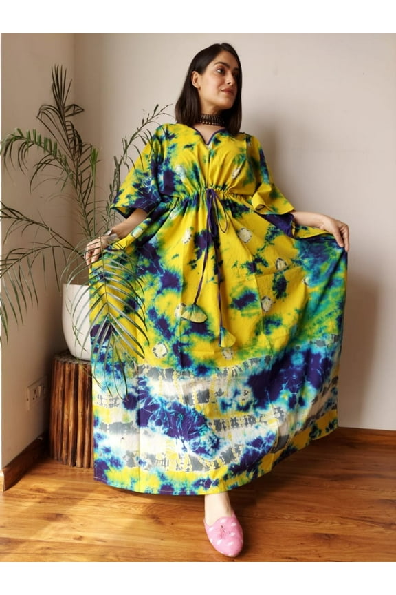 Women's Casual Oversized Long Cotton Dress, V-Neck, Short Sleeve