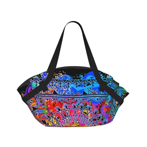 Indian Tribal Art Colorful 2-in-1 Foldable Picnic Blanket Tote Bag Shoulder Handbag, Large Circular Outdoor Mat for Beach Camping Park