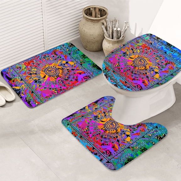 Indian Tribal Art Colorful 3-Piece Bathroom Rug Sets - Non-Slip Bath Mat 31.5"x19.7" with U-Shaped Contour Mat Toilet Lid Cover