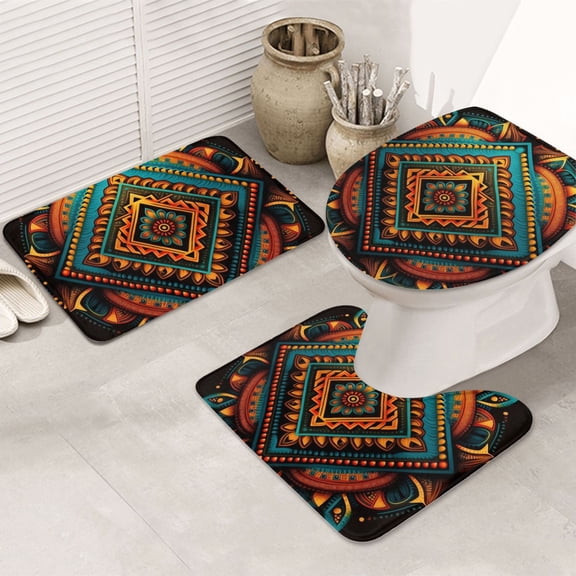 Indian Tribal Ethnic Native 3-Piece Bathroom Rug Sets - Non-Slip Bath Mat 31.5"x19.7" with U-Shaped Contour Mat Toilet Lid Cover