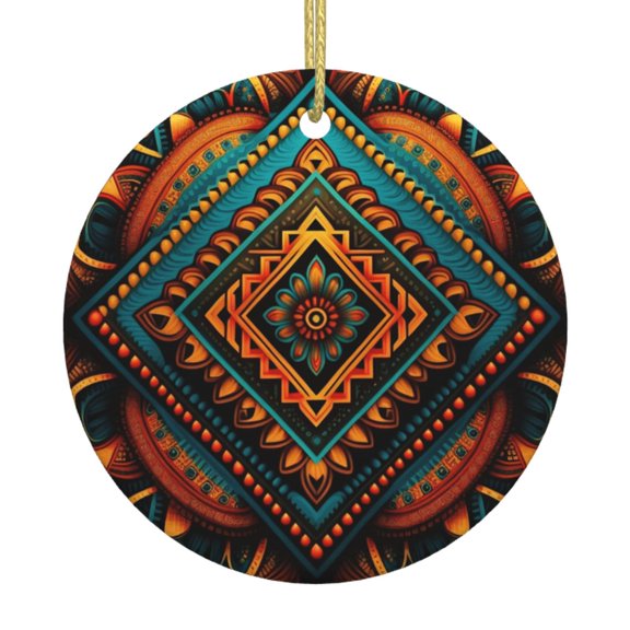 Indian Tribal Ethnic Native Ceramic Christmas Ornament, Round Porcelain Xmas Tree Hanging Decoration