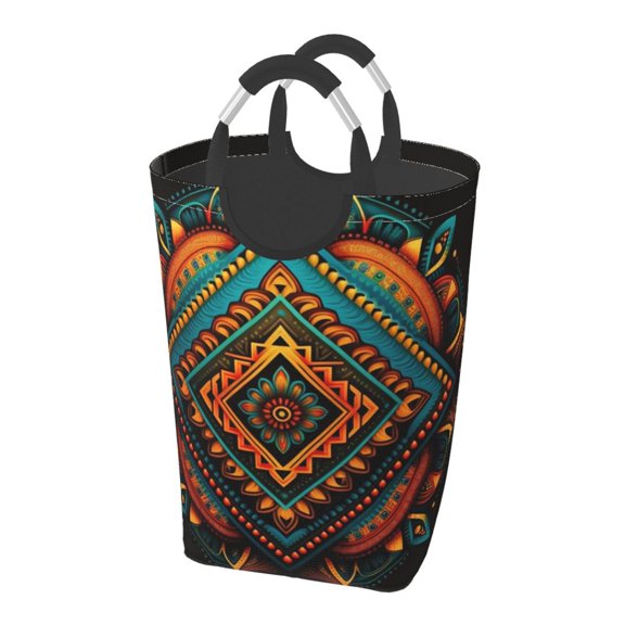 Indian Tribal Ethnic Native Laundry Bag with Handle - Foldable Dirty Clothes Hamper Collapsible Storage Bin