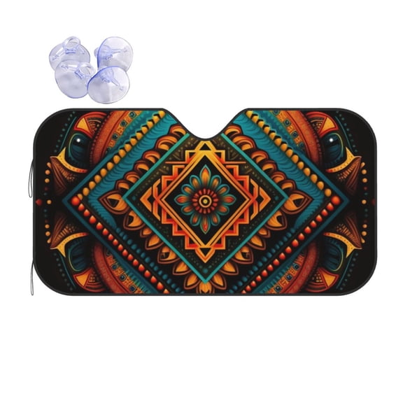 Indian Tribal Ethnic Native Reflective Car Windshield Sunshade, UV Ray Reflector Sun Visor Universal Fit for SUVs, Trucks, Sedans,S