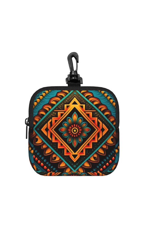 Indian Tribal Ethnic Native Square Gear Pouch with Lobster Clasp Waterproof Tech Accessory Organizer, Key & Coin Case