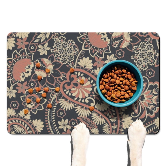 Indian Tribal Pet Feeding Mat - Retro Paisley Floral Dog Food Mat - Waterproof and Non-Slip Design for Messy Eaters