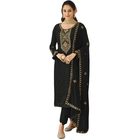 Indian Trouser Pant Dress Reception Wear Pakistani Designer Shalwar Kameez Suits ( Black, XXL - 46 )