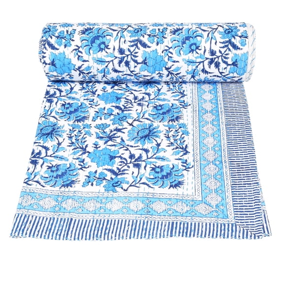 Indian Turquoise Floral Print Kantha Quilt Throw Blanket Bedspread Hand Block Print Single Size