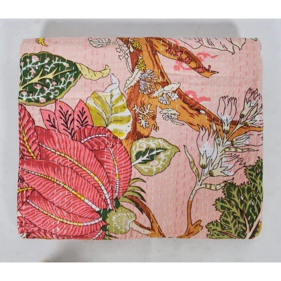 Indian Twin Size Hand Block Floral Print Quilt Cotton Kantha Quilts Handmade Quilt Kantha Throw Kantha Blanket Bedspread Throw Quilt Cotton Bedspread