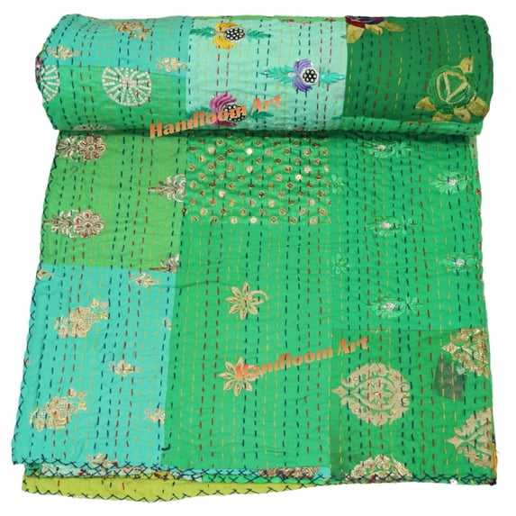 Indian Vintage Art Cotton, Silk Mix Kantha Quilt , Patchwork Handwoven Kantha Quilt , Bedspread , Throw Blanket Size (King - 108" x 108")