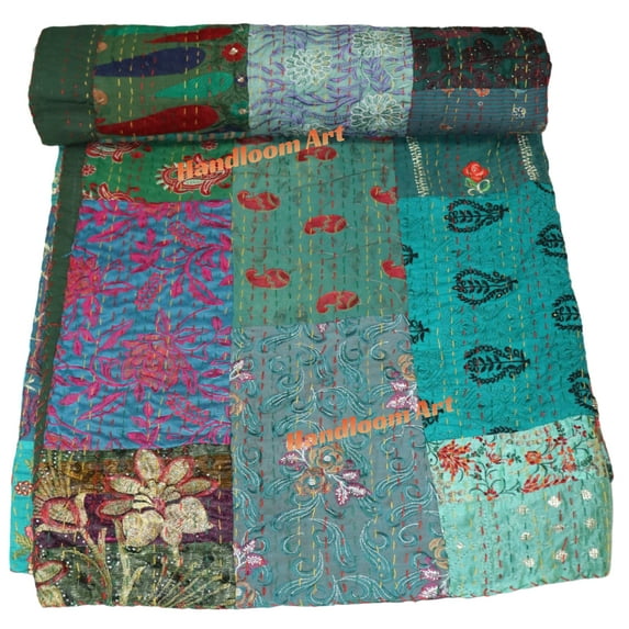 Indian Vintage Art Cotton, Silk Mix Kantha Quilt , Patchwork Handwoven Kantha Quilt , Bedspread , Throw Blanket Size (King - 108" x 108")