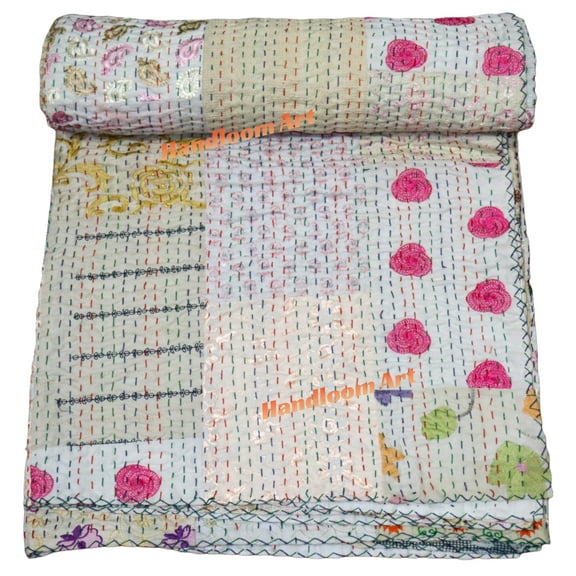 Indian Vintage Art Cotton, Silk Mix Kantha Quilt , Patchwork Handwoven Kantha Quilt , Bedspread , Throw Blanket Size (Queen Size - 90" x 108")