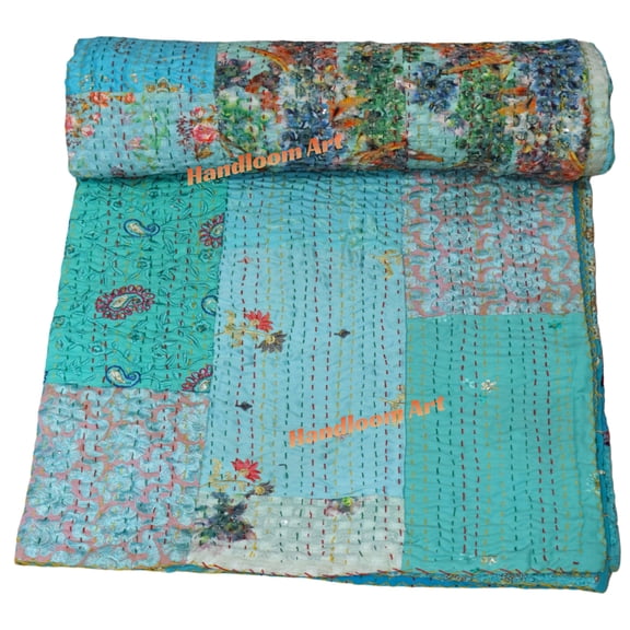 Indian Vintage Art Cotton, Silk Mix Kantha Quilt , Patchwork Handwoven Kantha Quilt , Bedspread , Throw Blanket Size (Queen Size - 90" x 108")