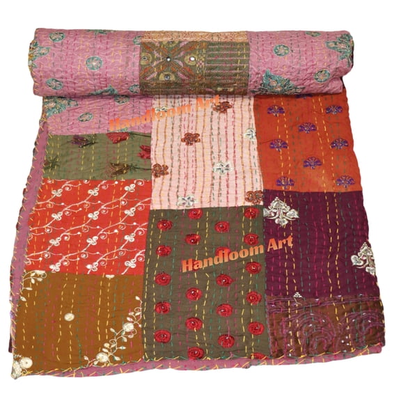 Indian Vintage Art Cotton, Silk Mix Kantha Quilt , Patchwork Handwoven Kantha Quilt , Bedspread , Throw Blanket Size (Twin Size - 60" x 90")