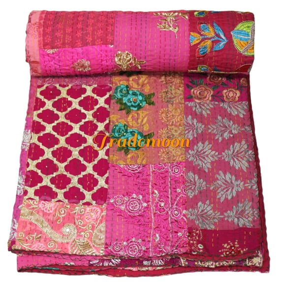 Indian Vintage Art Cotton, Silk Mix Kantha Quilt , Patchwork Handwoven Kantha Quilt , Bedspread , Throw Blanket Size (Twin Size - 60" x 90")