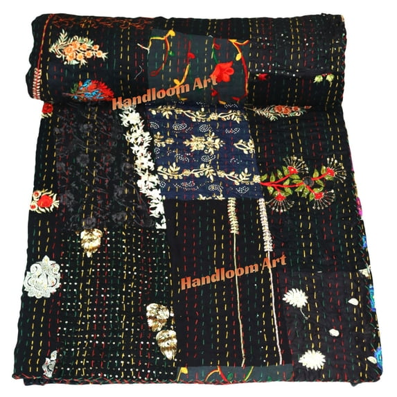 Indian Vintage Art Cotton, Silk Mix Kantha Quilt , Patchwork Handwoven Kantha Quilt , Bedspread , Throw Blanket Size (Twin Size - 60" x 90")