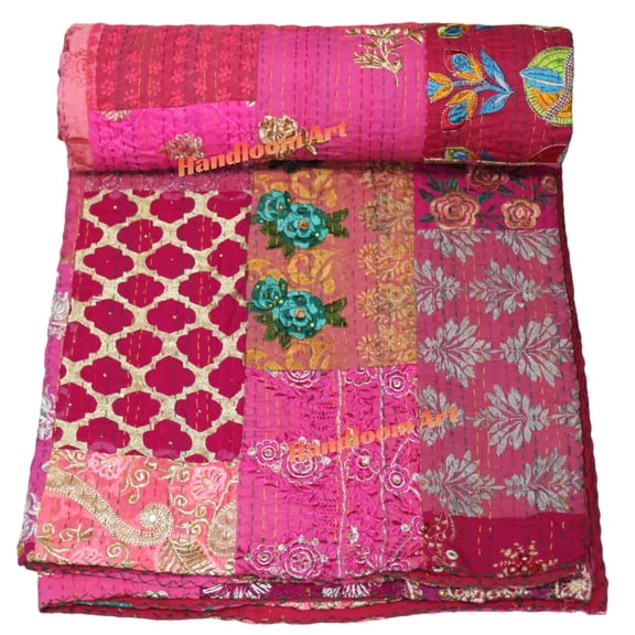 Indian Vintage Art Cotton, Silk Mix Kantha Quilt , Patchwork Handwoven Kantha Quilt , Bedspread , Throw Blanket Size (Twin Size - 60" x 90")