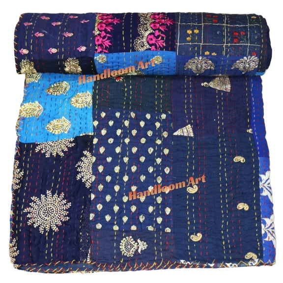 Indian Vintage Art Cotton, Silk Mix Kantha Quilt , Patchwork Handwoven Kantha Quilt , Bedspread , Throw Blanket Size (Twin Size - 60" x 90")