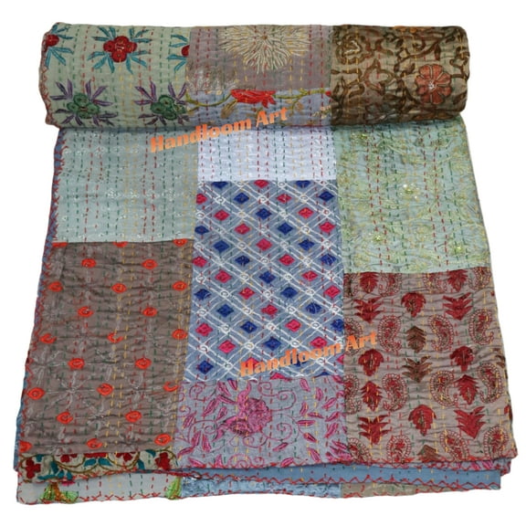 Indian Vintage Art Cotton, Silk Mix Kantha Quilt , Patchwork Handwoven Kantha Quilt , Bedspread , Throw Blanket Size (Twin Size - 60" x 90")