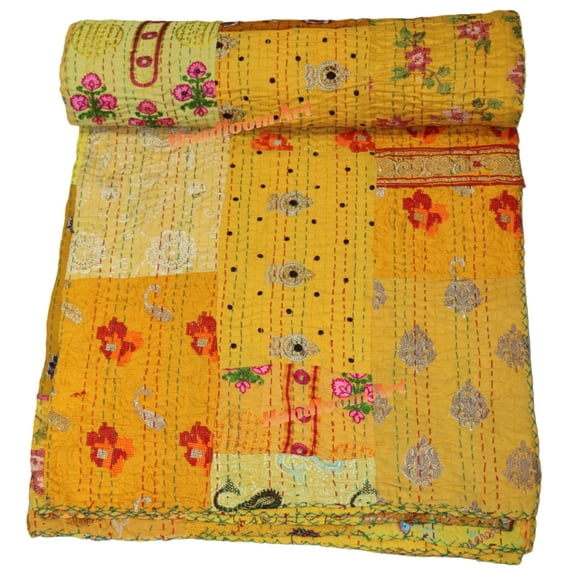 Indian Vintage Art Cotton, Silk Mix Kantha Quilt , Patchwork Handwoven Kantha Quilt , Bedspread , Throw Blanket Size (Twin Size - 60" x 90")