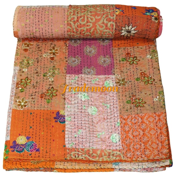 Indian Vintage Art Cotton, Silk Mix Kantha Quilt , Patchwork Handwoven Kantha Quilt , Bedspread , Throw Blanket Size (Twin Size - 60" x 90")