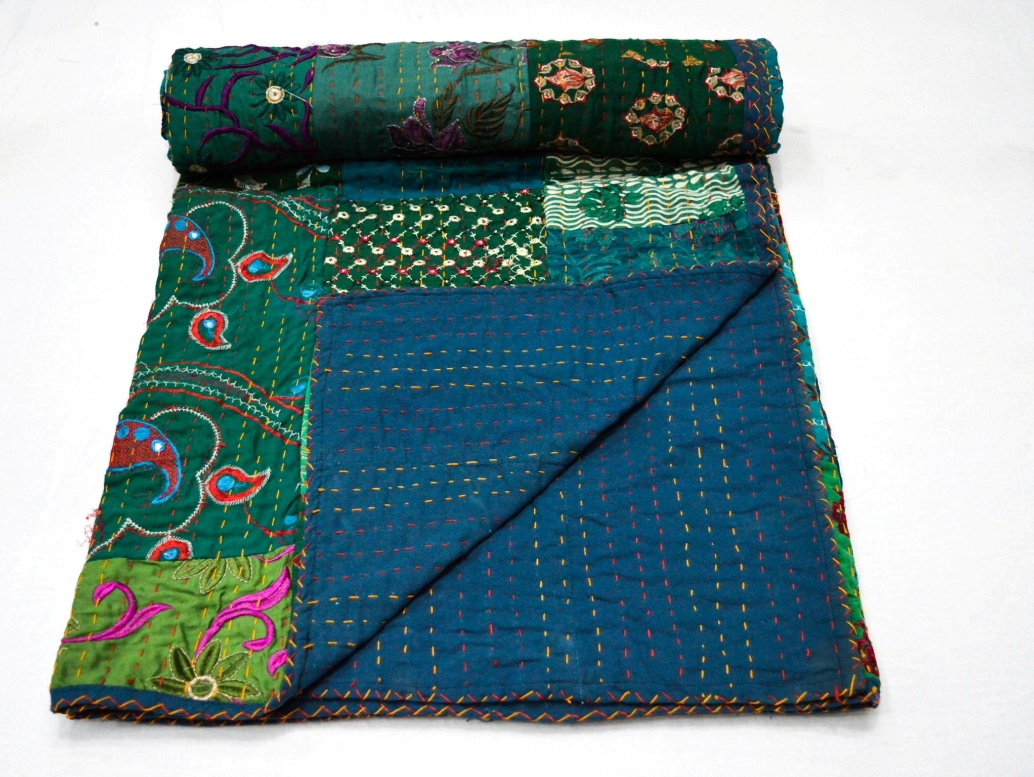 Colcha Kantha Bege, Edredón Kantha, Edredón Reversble Con Estampado