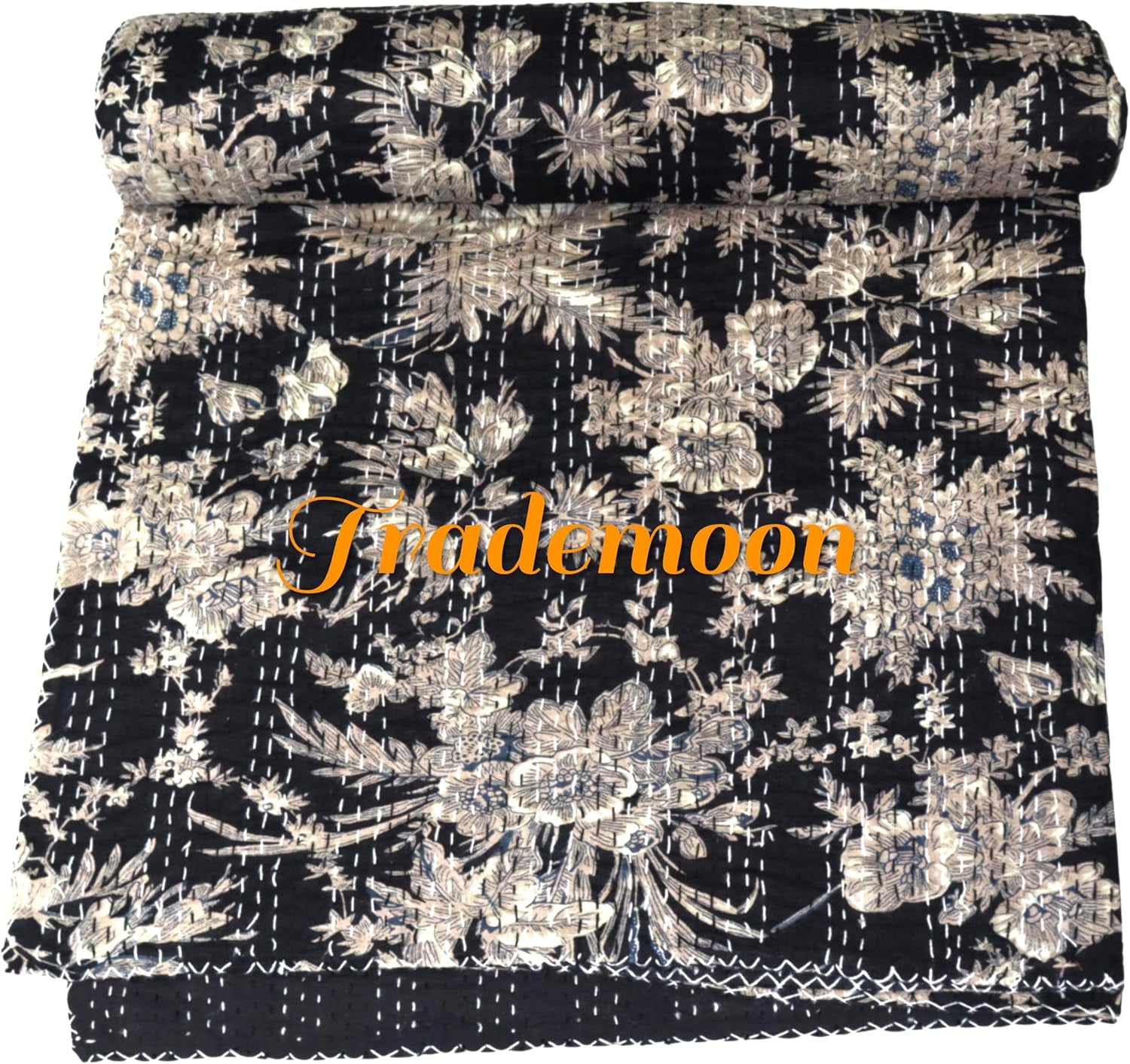 Indian Vintage Floral Kantha Quilt, Black & White Cotton Bedspread with White Stitched Pattern, Kantha Gudri(Twin Size - 60" x 90")