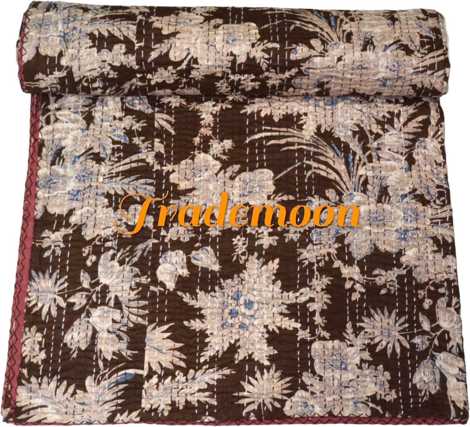 Indian Vintage Floral Kantha Quilt, Brown Cotton Bedspread with White Stitched Pattern, Kantha Gudri (Twin Size - 60" x 90")