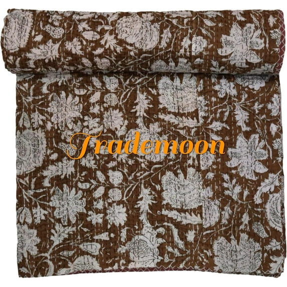 Indian Vintage Floral Kantha Quilt, Brown and White Cotton Bedspread with White Stitched Pattern, Kantha Gudri (King - 108" x 108")
