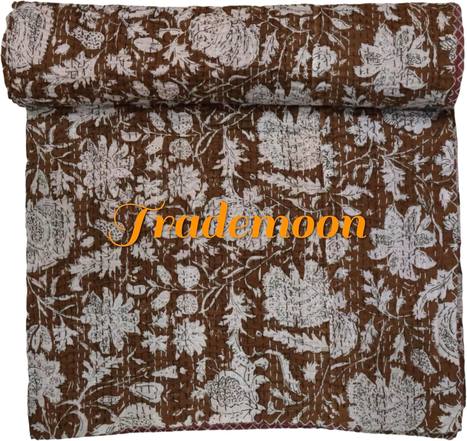 Indian Vintage Floral Kantha Quilt, Brown and White Cotton Bedspread with White Stitched Pattern, Kantha Gudri (Queen Size - 90" x 108")