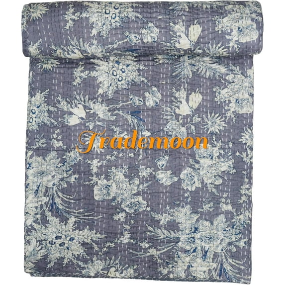 Indian Vintage Floral Kantha Quilt, Gray Cotton Bedspread with White Stitched Pattern, Kantha Gudri (Queen Size - 90" x 108")