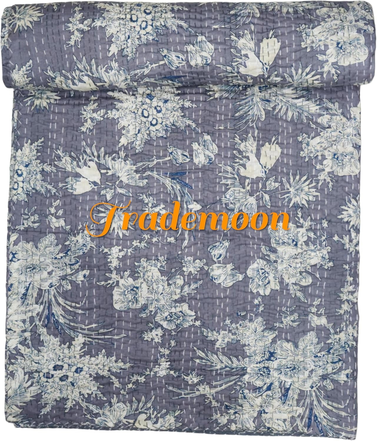 Indian Vintage Floral Kantha Quilt, Gray Cotton Bedspread with White Stitched Pattern, Kantha Gudri (Twin Size - 60" x 90")