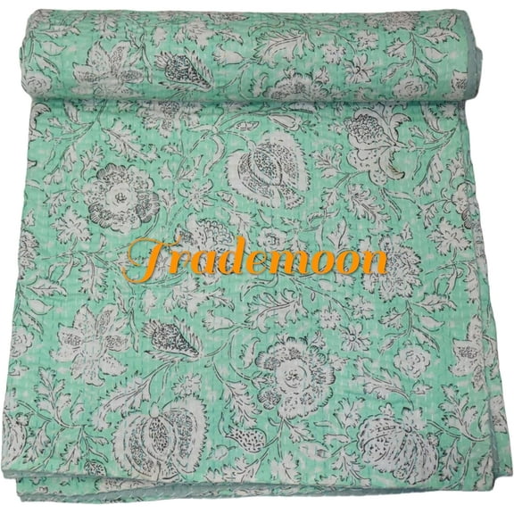 Indian Vintage Floral Kantha Quilt, Mint Green Cotton Bedspread with White Stitched Pattern, Kantha Gudri (Queen Size - 90" x 108")