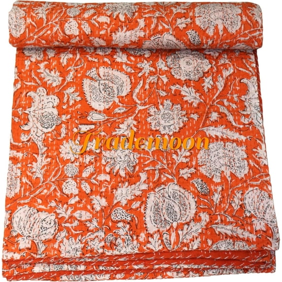 Indian Vintage Floral Kantha Quilt, Orange and White Cotton Bedspread with White Stitched Pattern, Kantha Gudri (King - 108" x 108")