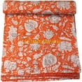 thumbnail image 1 of Indian Vintage Floral Kantha Quilt, Orange and White Cotton Bedspread with White Stitched Pattern, Kantha Gudri (Queen Size - 90" x 108"), 1 of 5
