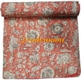 thumbnail image 1 of Indian Vintage Floral Kantha Quilt, Pink Cotton Bedspread with White Stitched Pattern, Kantha Gudri (Queen Size - 90" x 108"), 1 of 4