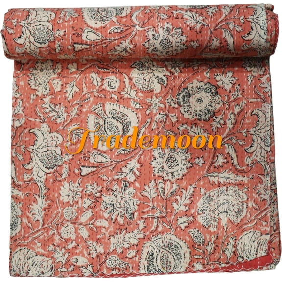 Indian Vintage Floral Kantha Quilt, Pink Cotton Bedspread with White Stitched Pattern, Kantha Gudri (Queen Size - 90" x 108")