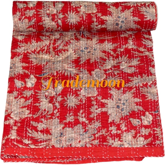 Indian Vintage Floral Kantha Quilt, Red Cotton Bedspread with White Stitched Pattern, Kantha Gudri (Twin Size - 60" x 90")