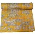 thumbnail image 1 of Indian Vintage Floral Kantha Quilt, Yellow Cotton Bedspread with White Stitched Pattern, Kantha Gudri (Queen Size - 90" x 108"), 1 of 5