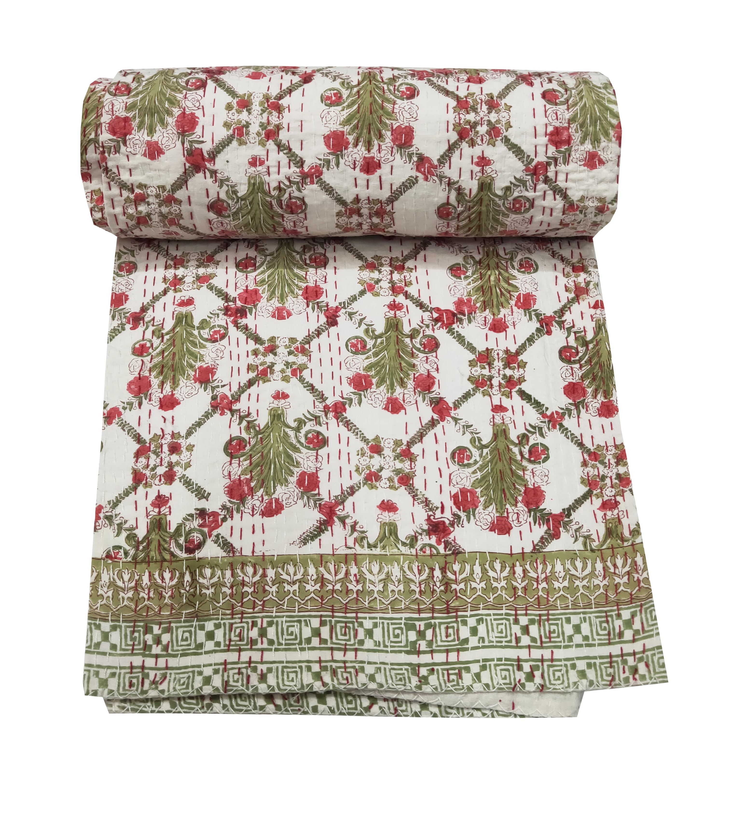 Indian Vintage Floral Print Quilt Queen Size Kantha Quilt Kantha