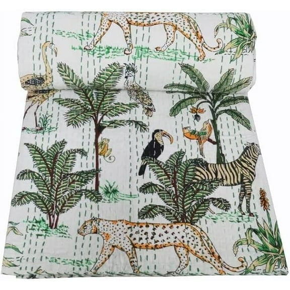 Indian Vintage Jungle Print Kantha Quilts Throw Bedspread Soft Cotton Kantha Blanket Traditional Bohemian Cotton Lightweight Reversible for Bed Décor(White 60X90 Inches)