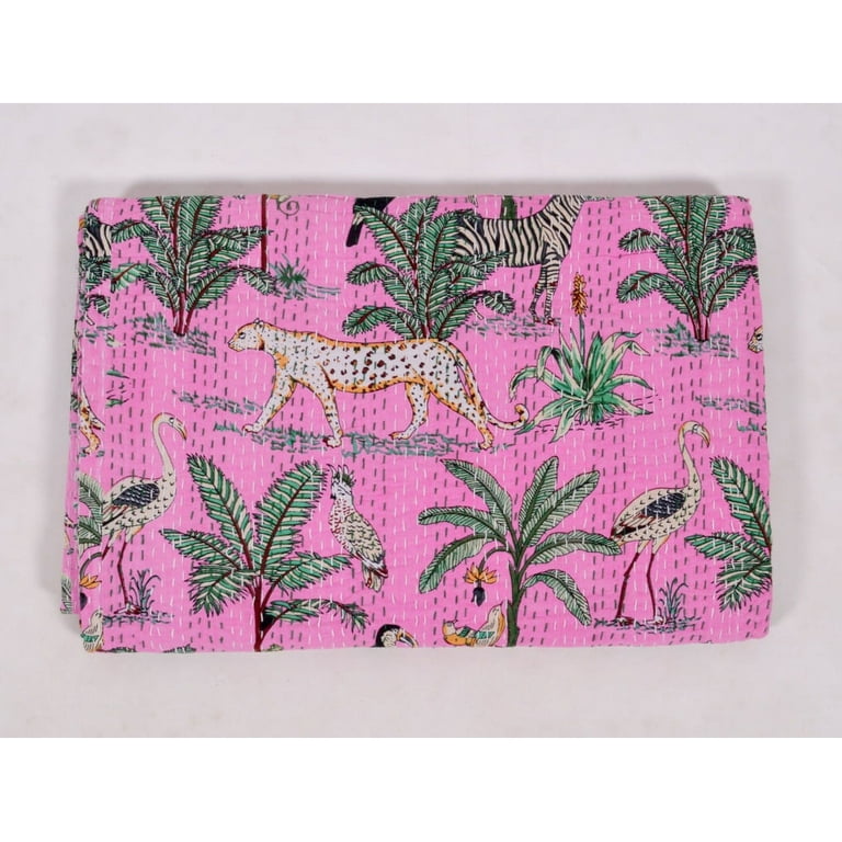 Indian Vintage Jungle Print Pink Kantha Quilt Kantha Bedspread