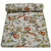 Indian Vintage Kantha Quilt 100% Cotton Kantha Throw Kantha Blanket Handmade Quilt Double Size Kantha Bedspread Bird Print
