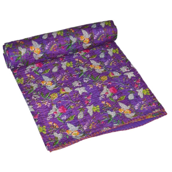 Indian Vintage Kantha Quilt Cotton Kantha Throw Kantha Blanket Handmade Quilt Double Size Kantha Bedspread Paradise Print