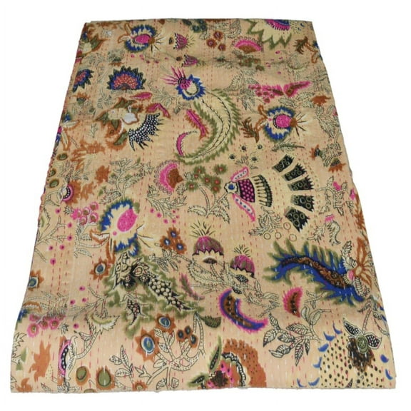 Indian Vintage Kantha Quilt Cotton Kantha Throw Kantha Blanket Handmade Quilt King Size Kantha Bedspread White Floral Print Gudari