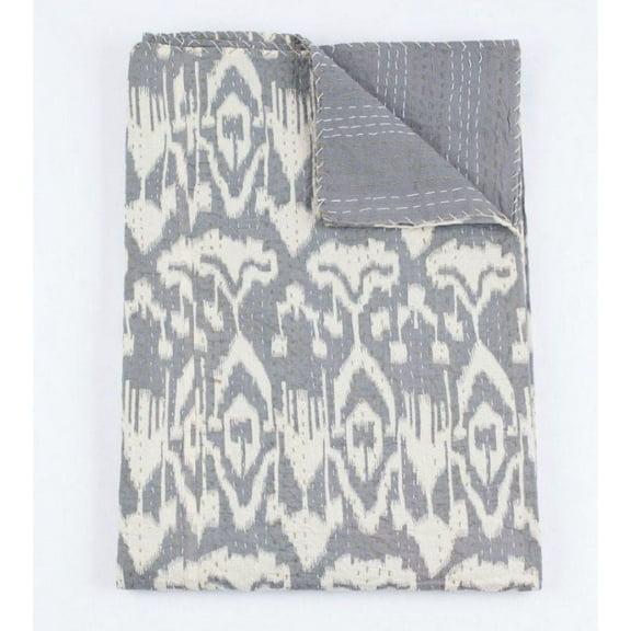 Indian Vintage Kantha Quilt Gray Colour 100% Cotton Kantha Throw Kantha Blanket Handmade Quilt Double Size Kantha Bedspread Floral Print